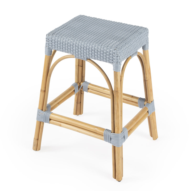 Tabouret de comptoir / de bar Lennart, Bleu bébé / cadre en rotin naturel, Tabouret de comptoir (siège d'une hauteur de 24,5