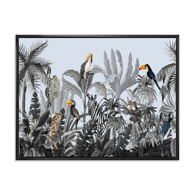 Chinoiserie avec oiseaux et pivoines - peinture sur toile, H 16 po x l 32 po x p 1 po, Cadre flottant noir