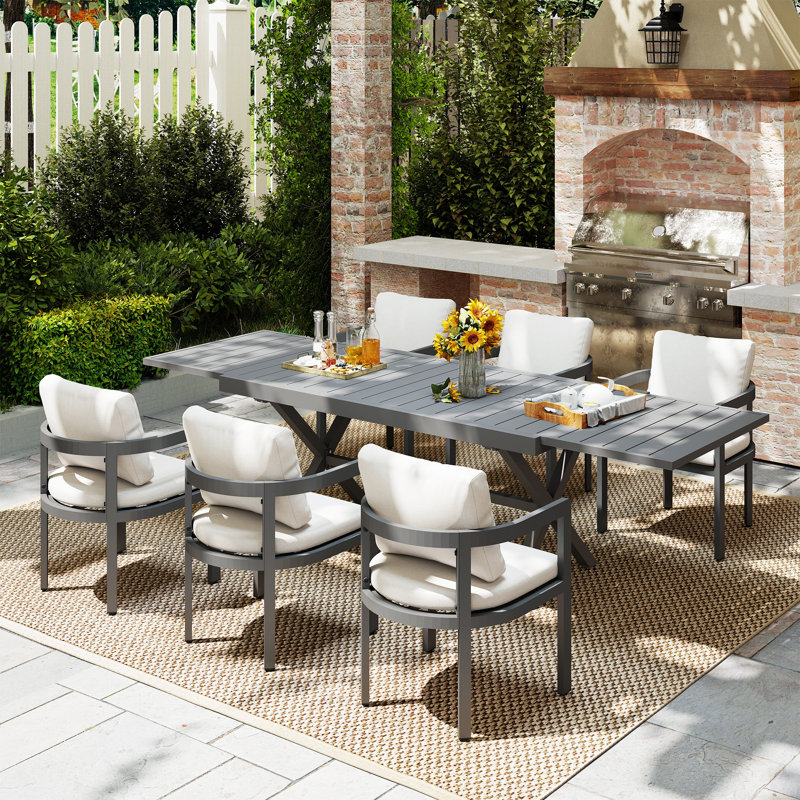 Outdoor 7-piece Dining  Set Series, White Cushion/Grey Frame