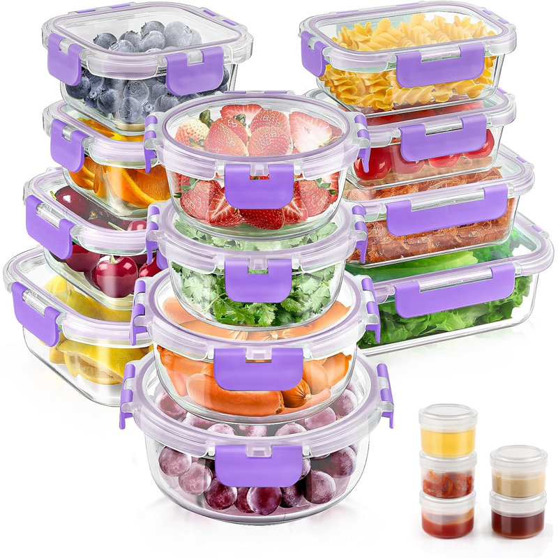 34-Piece Clear Glass Food Storage Containers with Purple Lids