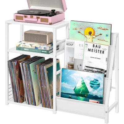 Record Player Table, With A Vinyl Record Storage Rack, Capable Of Holding Up To 150 Records. White Edge Table, With A Three-Tier Magazine And Journal Bookshelf. Large Metal Record Cabinet, Suitable For Rooms And Offices.