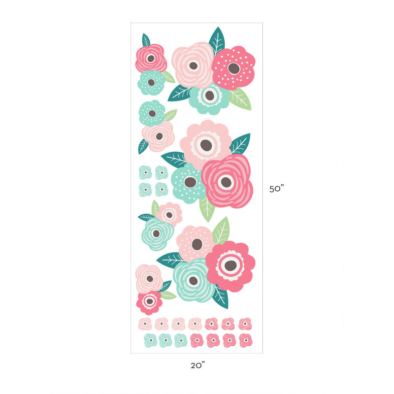 Décalcomanie murale fleur pour enfants, Rose printanier / menthe