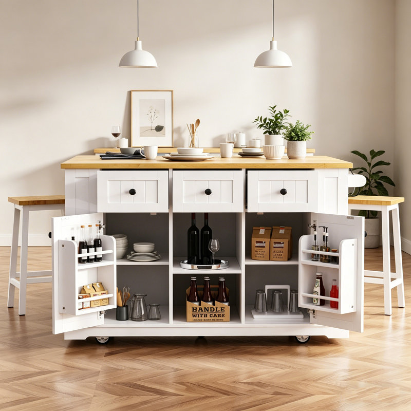 53" Large Kitchen Island with Drop Leaf, Power Outlet & Internal Storage Rack, Rolling Kitchen Cart with 5 Wheels & 5 Open Side Racks for Kitchen, White (Stools Not Included)