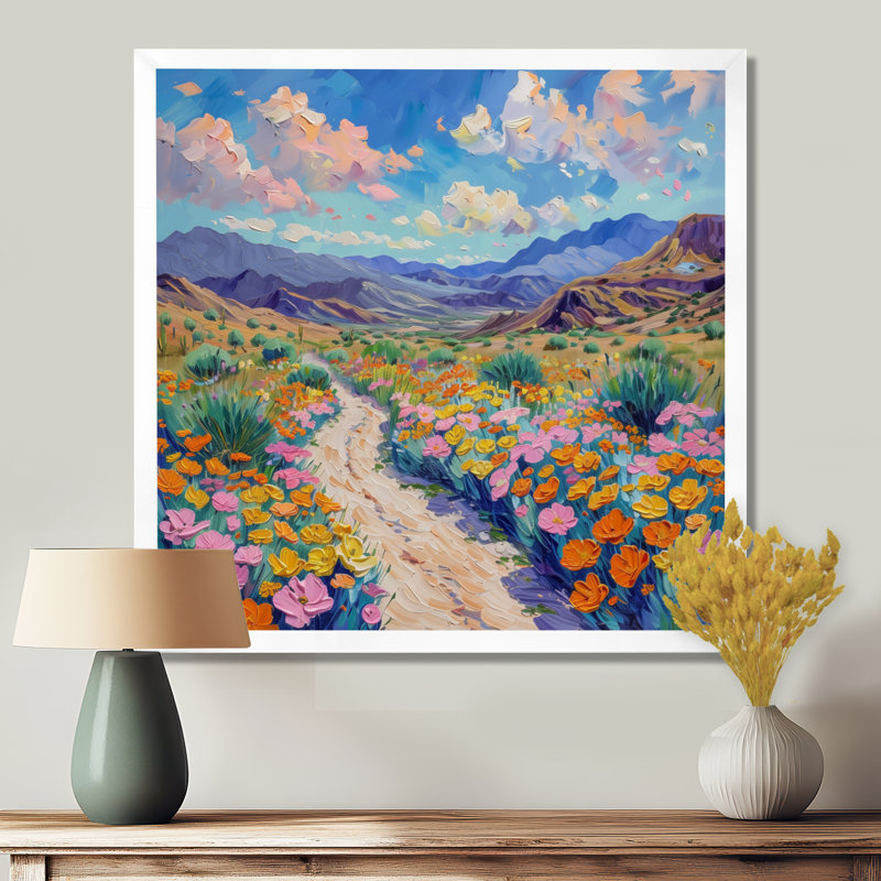 Rose, vert, romantique, désert, été, fleurs - désert, art mural, H 16 po x l 16 po x P 1 po, Cadre simple blanc