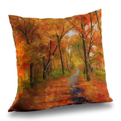 Autumn Trail in the Forest Throw Pillow | Contemporary – Poly Twill Throw Pillow with Insert, Double-Sided Print
