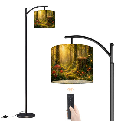 Arc Floor Lamp with Adjustable Lampshade Fairy Tale Forest Wonderland Green Trees Wildflowers Daisy Standing Lamp 3 Colour Temperatures Dimmable Tall Pole Lamp with Foot Switch for Bedroom