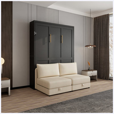 Grand canapé-lit escamotable avec assemblage facile, lit escamotable avec canapé pour le salon, structure grise / armoire noire / canapé beige