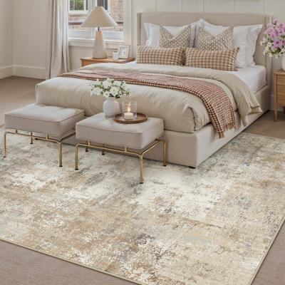Modern Abstract Washable Rug In Grayish Gold
