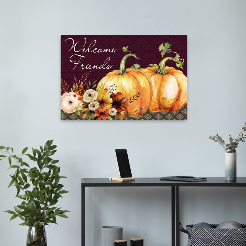Welcome Friends Fall Floral and Pumpkins Rustic Abstract Contemporary Autumn Art, H 16 po x l 24 po