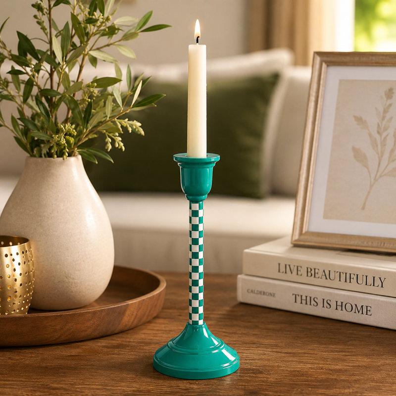 Handcrafted Tabletop Jade Mint Checkered Aluminum Candleholder, 9.75" H x 4.25" W x 4.25" D