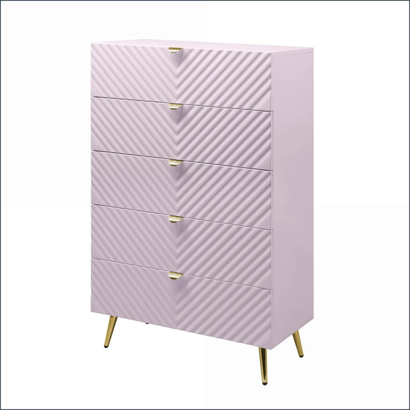 Commode, commode rose moderne à 5 tiroirs avec motif à vagues | Métal, bois synthétique