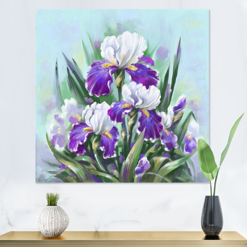 Fleurs et iris mauves en fleurs, H 16 po x l 16 po x P 1 po, Toile tendue
