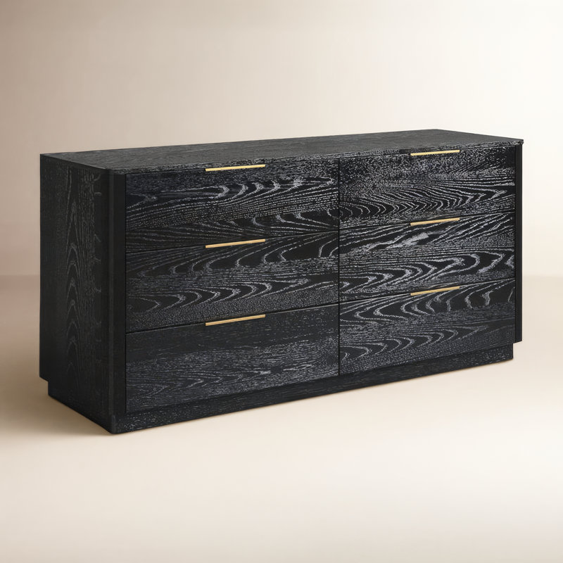 Commode double horizontale en bois d'hévéa à 6 tiroirs Tahani, Noir et or