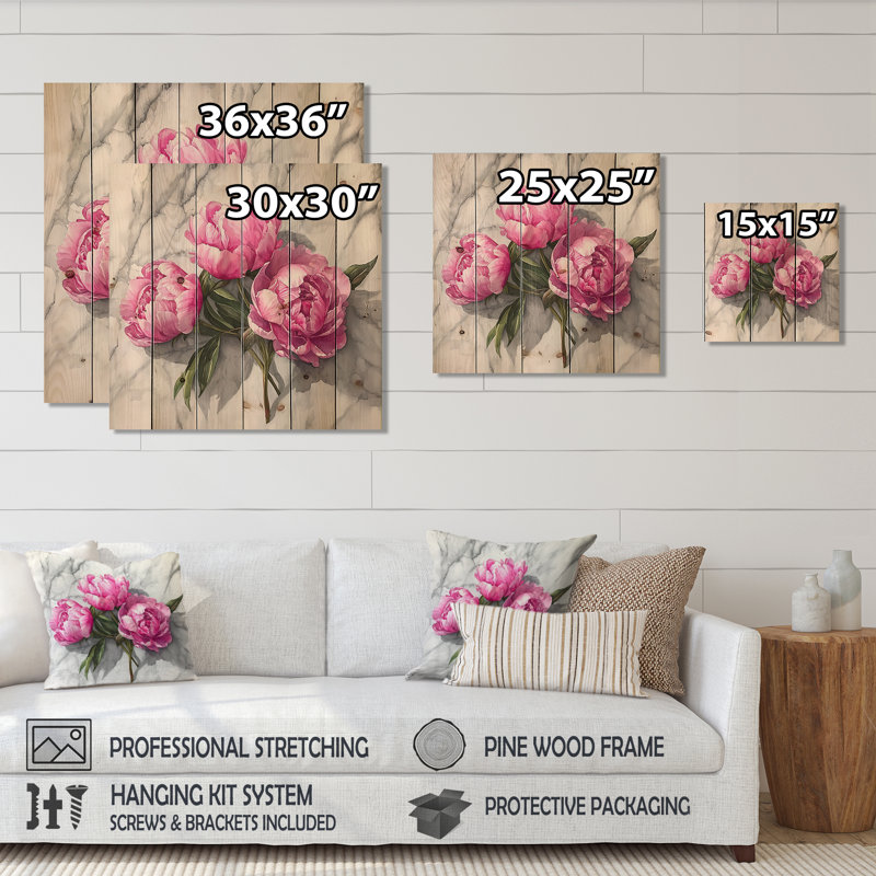 Comptoir de pivoines roses sur marbre - Art mural en bois pivoines - sur bois de pin naturel, H 30 po x l 30 po x P 0,78 po