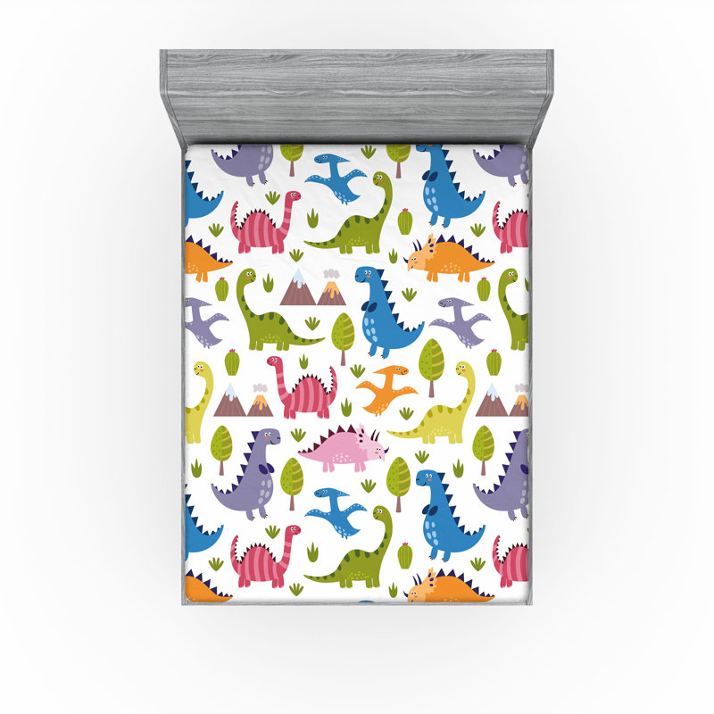 Ambesonne Dino Fitted Sheet 2-Pack Dinosaurs Colourful King Multicolor