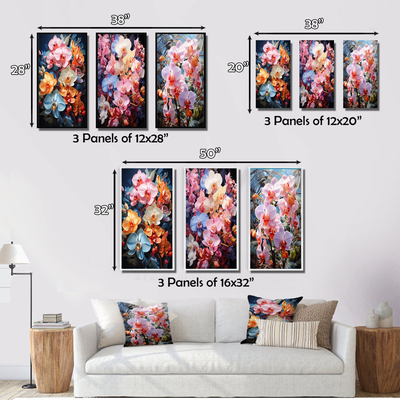 «Colorful Orchids Tropical Allure Uses», 3 pièces sur toile, Cadre flottant blanc, H 32 po x l 48 po