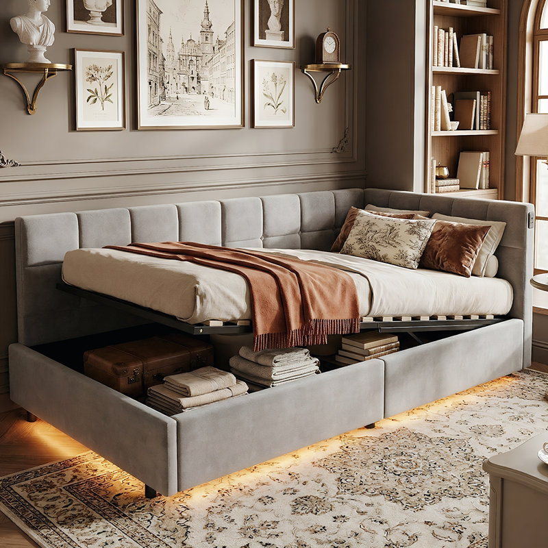 EU & UK Single Ottoman Daybed, Velvet Upholstered Sofa Bed with RGB LED Lights & USB/Type-C Charging, Grey/Cream, Grey