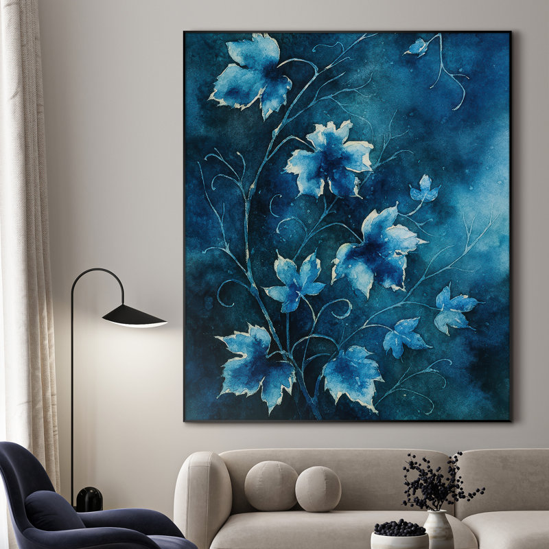 Très grande reproduction d'art sur tissu - Œuvre de vigne botanique florale bleue pour le salon ou la chambre à coucher - «Assemblage requis du cadre (cadre non fini)»