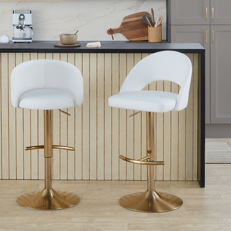 Tabouret de bar réglable avec pivot en métal doré et similicuir blanc avec repose-pieds rond en T - ensemble de 2, Doré
