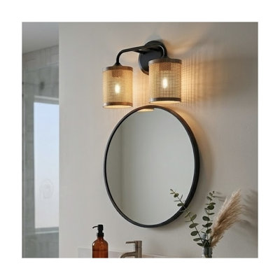 Meuble-lavabo double avec abat-jour en rotin naturel Quell