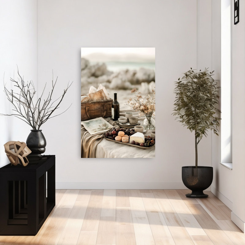 «Elegant Coastal Picnic Elegant Rustic Serene Beach Nature», art mural, H 48 po x l 32 po