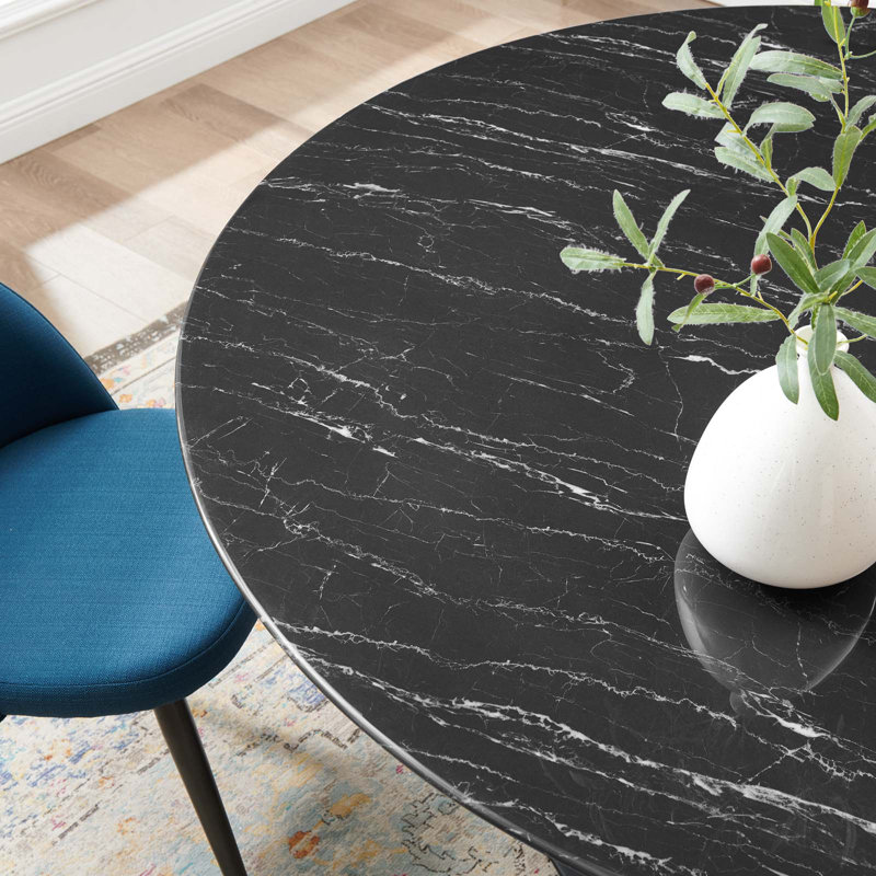 Black Round Marble Pedestal Dining Table for Six