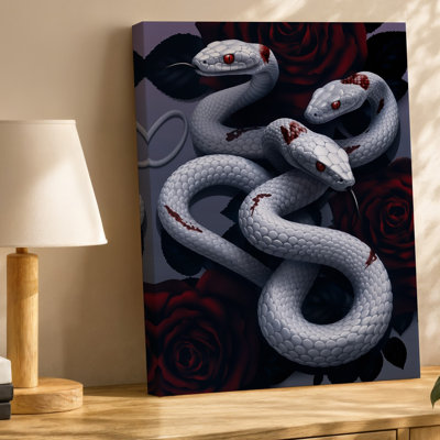 Toile, composition dramatique mettant en vedette plusieurs serpents blancs entrelacés parmi des roses rouges, mettant en vedette des échelles complexes, art mural sur toile