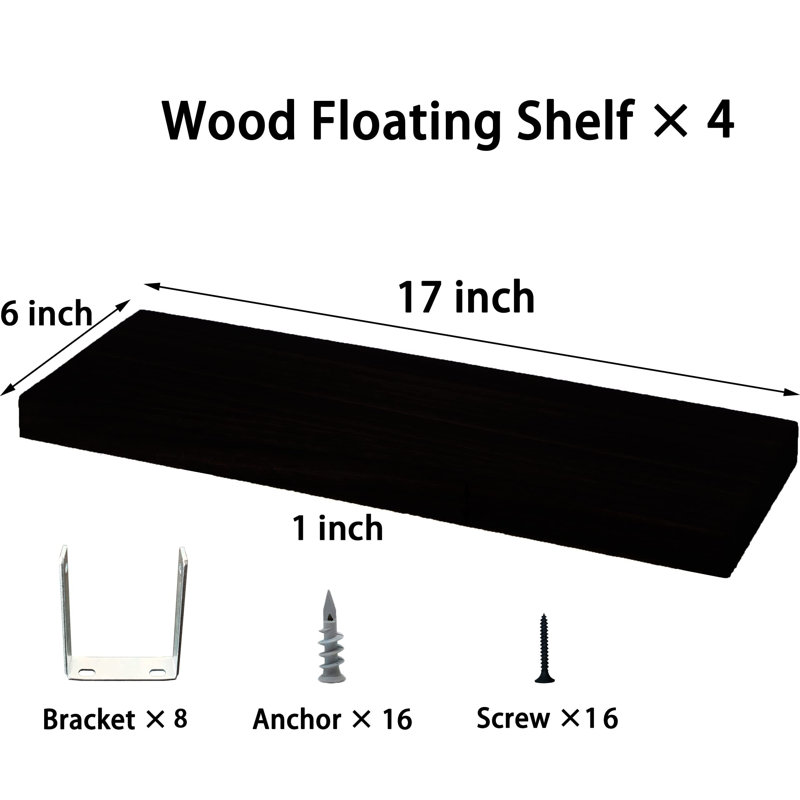 Ensemble de 4 tablettes flottantes en bois pour décoration murale, Noir