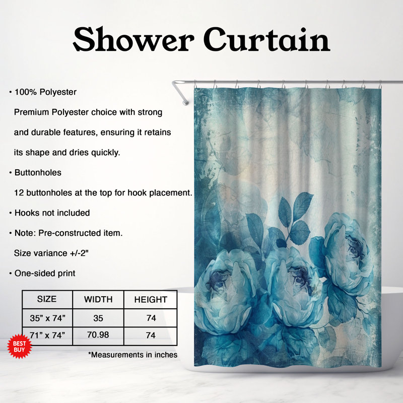 Rideau de douche bleu 1 pièce, H 74 po x l 71 po