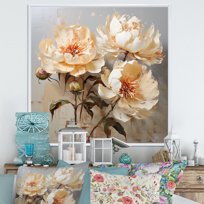Décoration murale pivoines douces - pivoines, H 16 po x l 16 po x P 1 po, Cadre flottant blanc