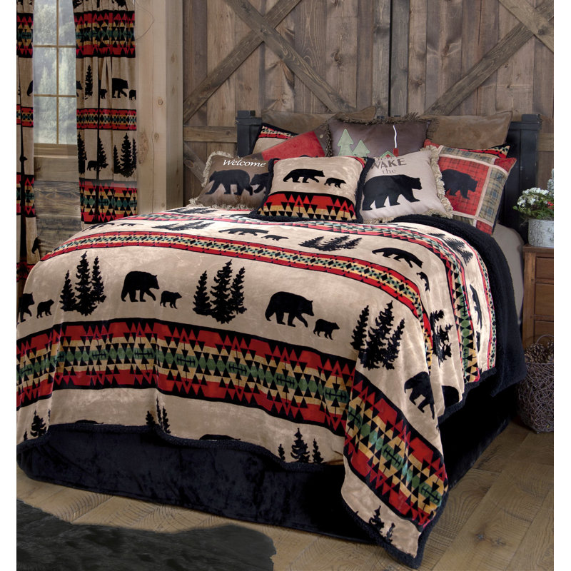Bear Trail with Black Sherpa Twin , Twin Quilt + 1 Sham + 1 Throw Pillow