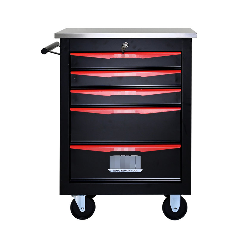 Chariot à outils d'atelier 5 tiroirs avec roues verrouillables - Métal robuste noir et rouge 5 thermolaqués, Noir et rouge