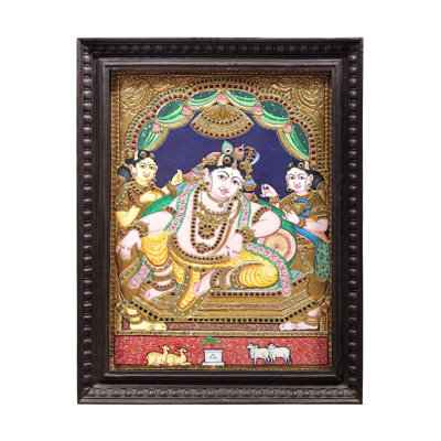 Lord Krishna Tanjore Painting | Traditional Colors With 24K Gold | Teakwood Frame