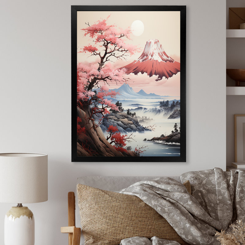 Rose, montagne du Japon, printemps, fleurs de cerisier IV - Japon, art mural, H 20 po x l 12 po x P 1 po, Cadre simple noir
