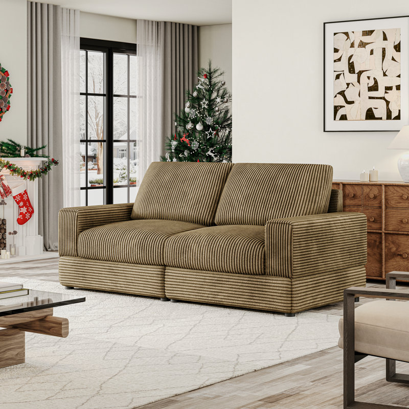 78.7''W Corduroy Modular Sectional Sofa Bed, Comfy 2-seater Upholstered Loveseat Couch with Armrests and Deep Seat, Modern Sleeper Couch Bed for Living Room, Bedroom and Office, Green