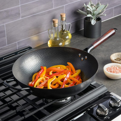 13 Inch Carbon Steel Wok Pan, Heavy Gauge Hammered Stir Fry Pan, Induction Compatible Deep Cooking Wok For Gas, Electric & Ceramic Stovetops, Black