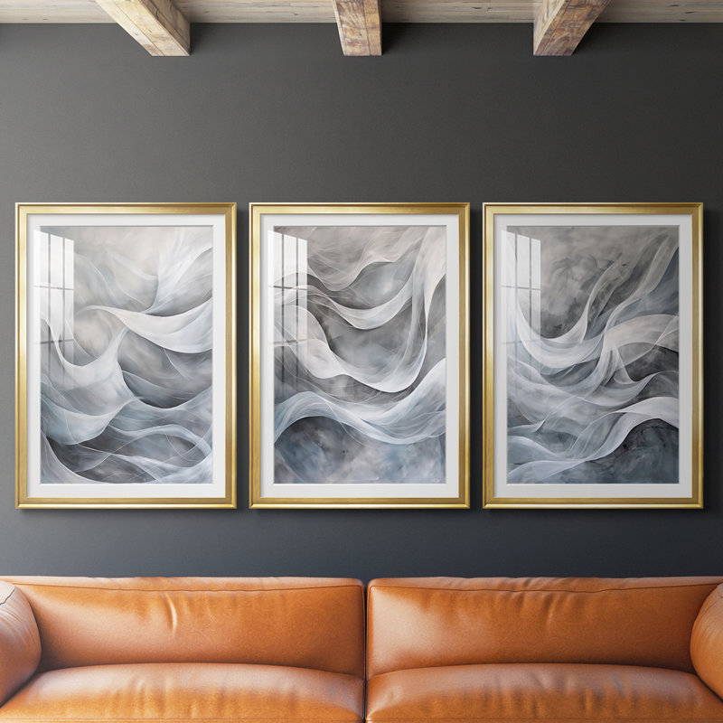 ABSTRACT Series CDLxxxi - Impression sur mesure encadrée de qualité supérieure - 3 pièces, H 30 po x l 63 po, Doré