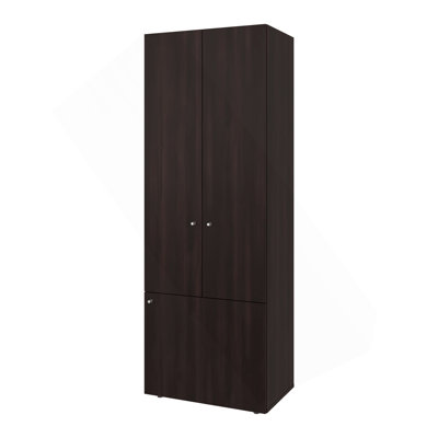 Armoire-penderie haute à 3 portes avec 4 tablettes Tolleson - Armoire de rangement autoportante pour chambre à coucher ou entrée, noyer teint