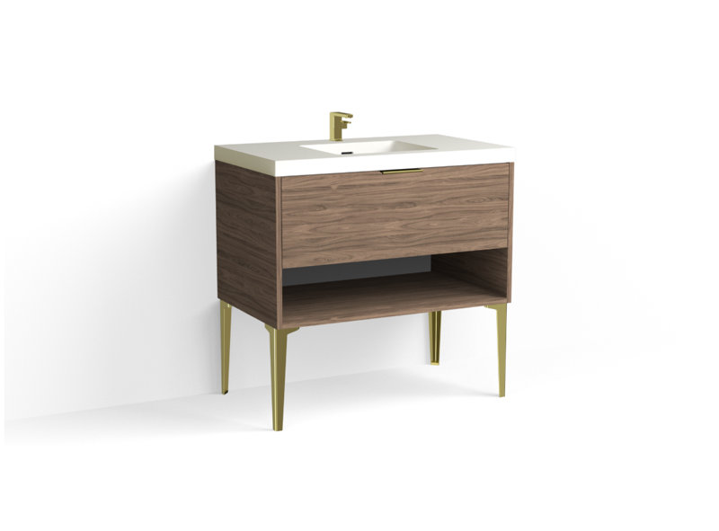 Modo 36" W Freestanding Single Bathroom Vanity with Dean Leg, Glossy White/Single, Biondo, Satin Nickel