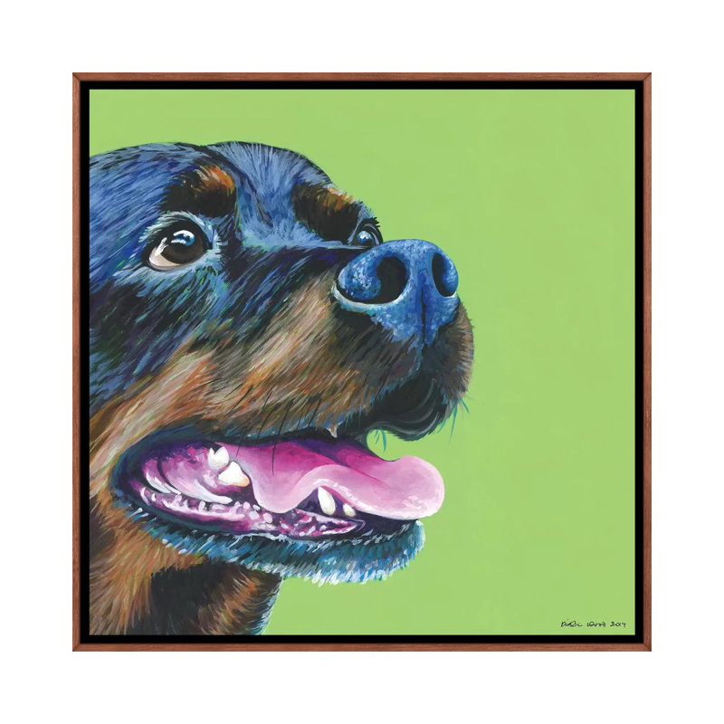 Rottweiller On Lime, Square by Kirstin Wood - Painting on Canvas, Classic Brown Wood Framed, 45.72 cm H x 45.72 cm W