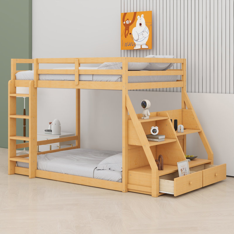 Cadre de lit superposé à DEL avec 7 lumières colorées, ports USB, tablettes de rangement et 2 tiroirs, Naturel