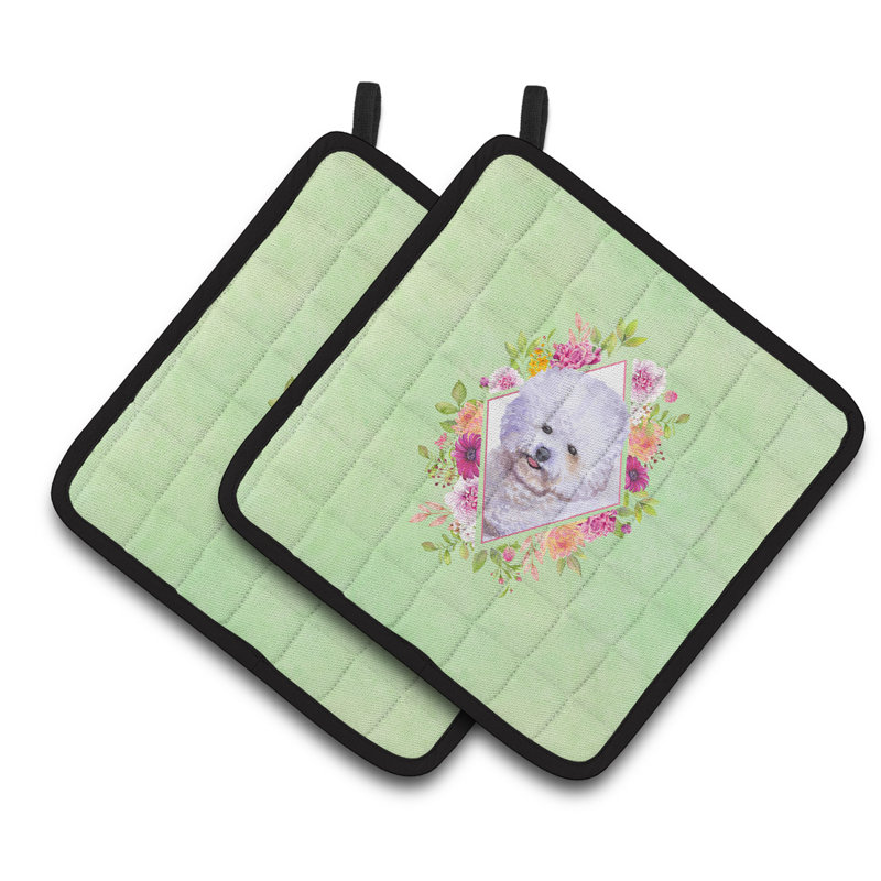 Ensemble de cuisinier poignée 2 pièces caroline trésors sheltie, Vert, Bichon frisé gris