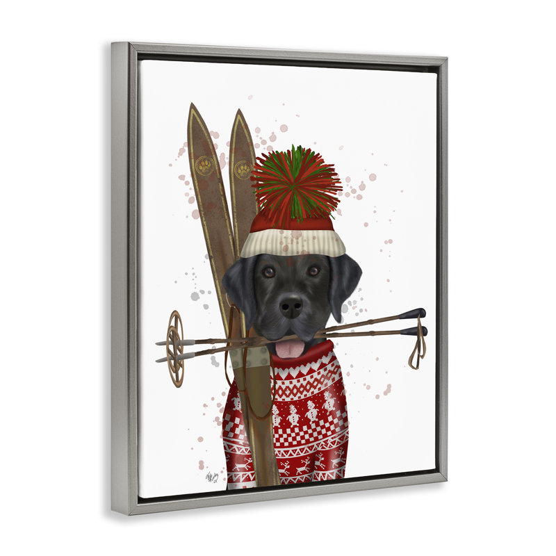 «Black Labrador Skiing» par Fab Funky, H 31 po x l 25 po, Cadre flottant gris lustré