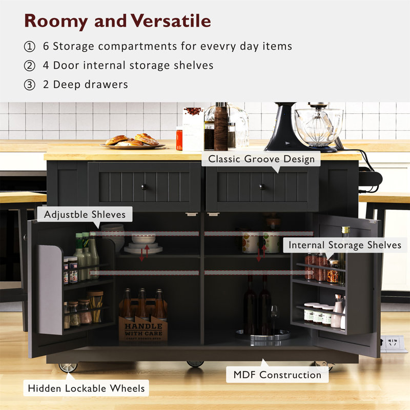 Large Kitchen Island With 2 Bar Stools, Black
