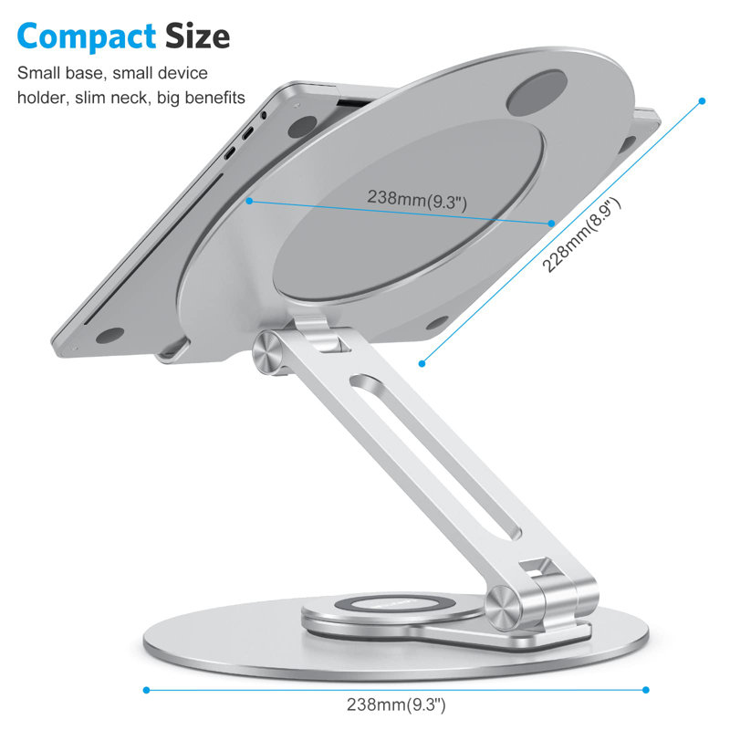 Support réglable pour ordinateur portable avec base rotative à 360 °, élévateur ergonomique pour ordinateur portable pour travail collaboratif, double arbre rotatif entièrement pliable pour un rangement facile, argent