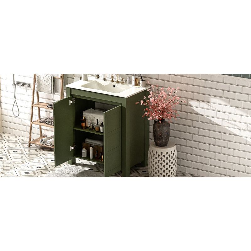 Meuble-lavabo de 30 po de couleur olive avec lavabo en céramique, portes à fermeture en douceur et conception spacieuse de 30 po avec rangement