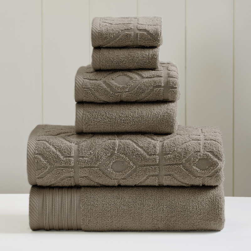 Modern Threads 6 Piece Set, 2 Bath Towels, 2 Hand Towels, 2 Washcloths, Diamond Gate Jacquard/Solid Towel Set, Taupe