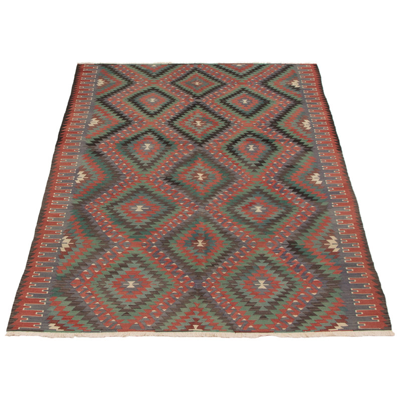 Tapis orange / noir / vert en laine fait à la main de conception unique 5 pi 7 po x 10 pi 4 po Kilim Politte