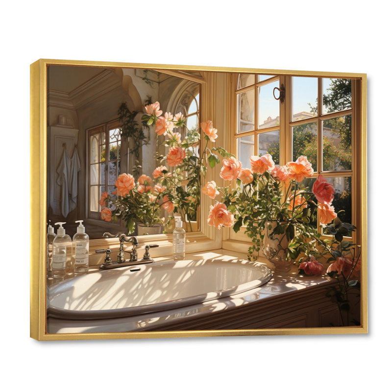 «Bathroom Sunlit Morning I» - Art mural de grande salle de bain, Cadre flottant doré, H 24 po x l 32 po x P 1 po