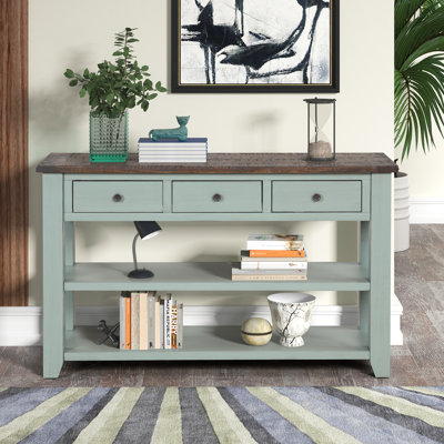 Solid Pine Wood Console Table with Drawers and Shelves, Vintage Sofa Side Table for Entryway Living Room